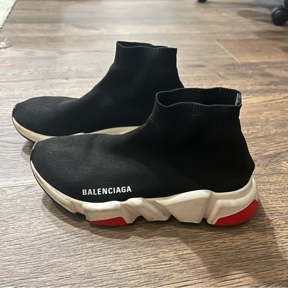 Balenciaga Black and White Speed Sneakers with Red Accents